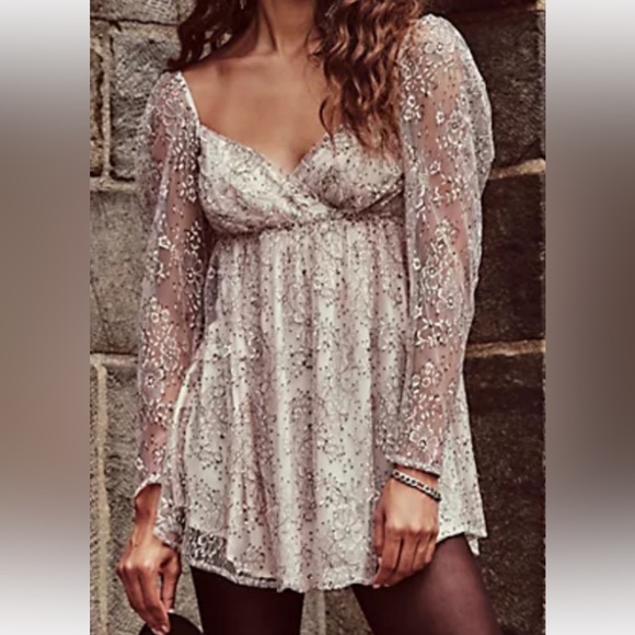 Free People Heavenly Lace Tunic Dress in Champagne Toast - Picture 1 of 11